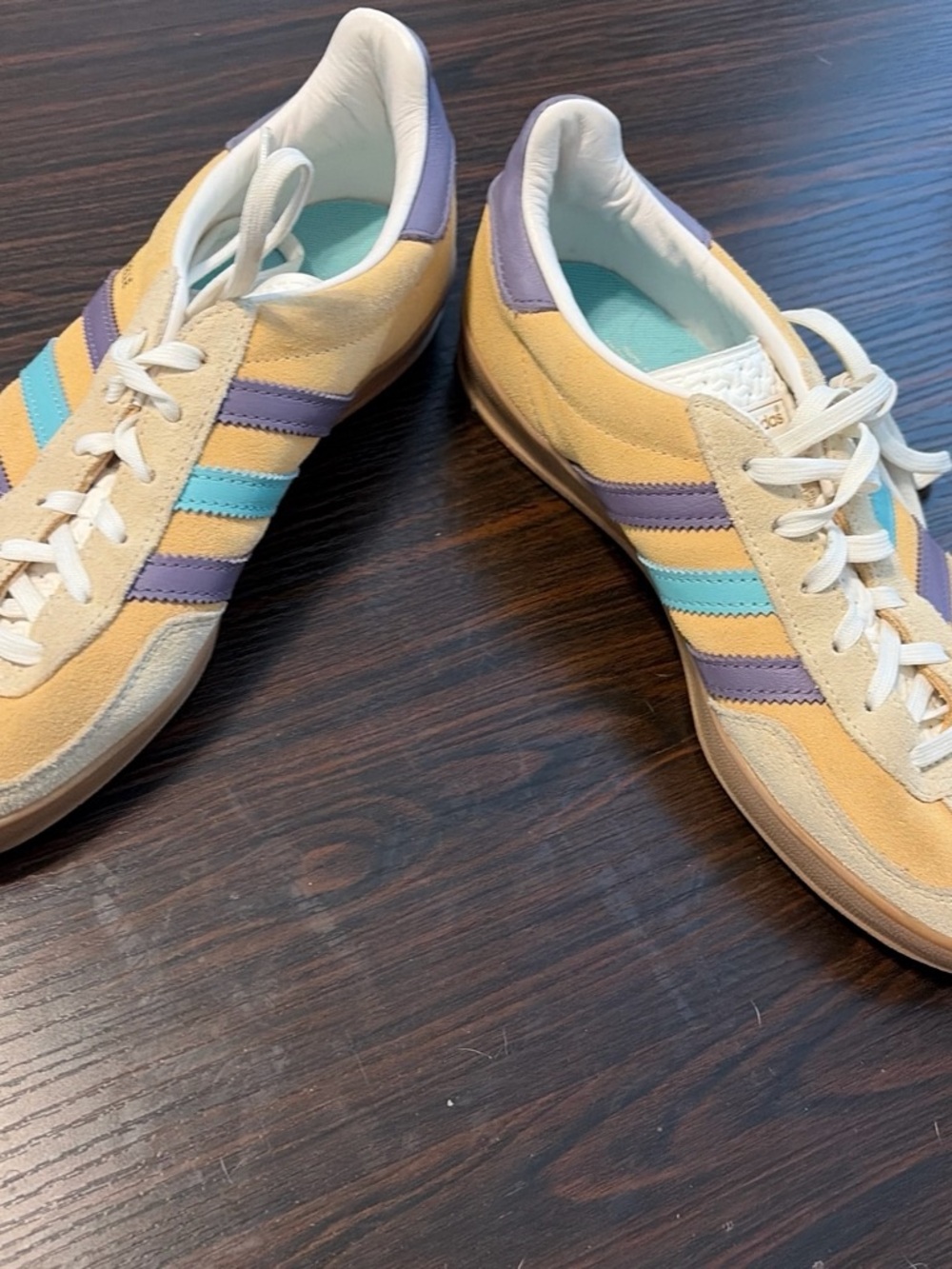 adidas gazelles Women's Pastel Yellow Sneakers with Purple & Light Blue Stripes